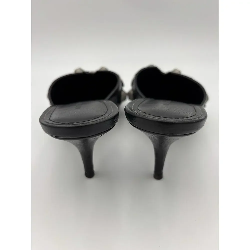 Balenciaga Point Toe Mules Black Leather Studded Size 39 / 9 Kitten Heel